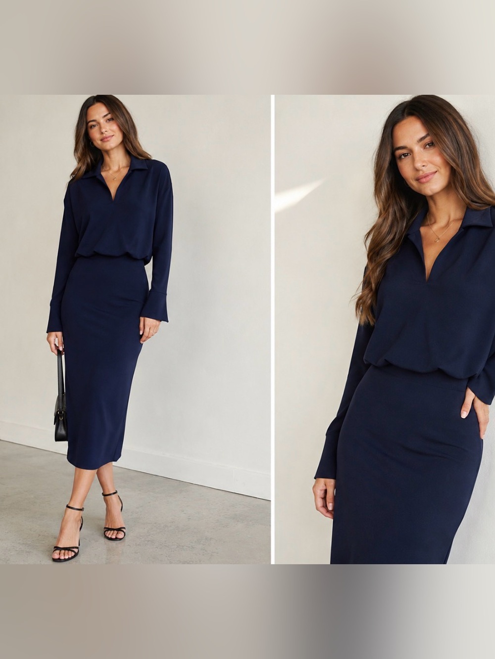 L’Academie Navy Blue Collared Long Sleeve Drop Waist Midi Dress Size S NWT
